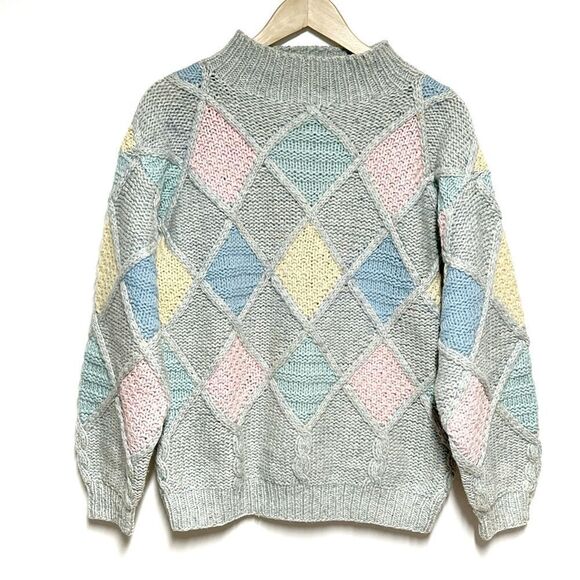 Vintage 80’s Wool Patchwork Chunky knit Pastel Sweater Womens M - Picture 1 of 5
